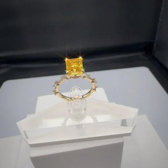 Yellow Radiant Cut CZ Ring Gold-Plated Brass Size 6 - Picture 11 of 14